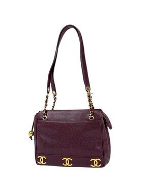 Chanel Triple CC Logo Chain Tote Shoulder Bag Caviar Leather Bordeaux